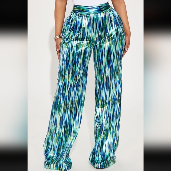 Fashion Nova Enza satin wide leg pant size large blue green combo zip back - Picture 2 of 8